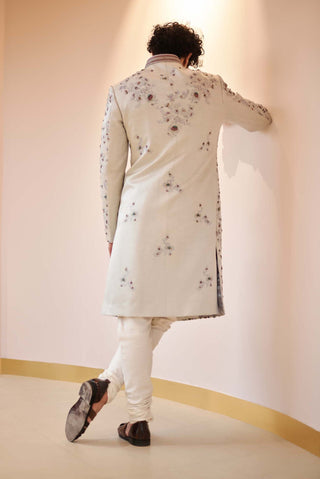 Jatin Malik-Silver Grey Jamawar Sherwani Set-INDIASPOPUP.COM