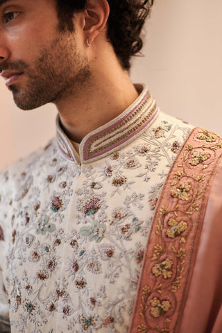 Jatin Malik-Silver Grey Jamawar Sherwani Set-INDIASPOPUP.COM