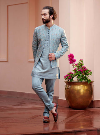 Jatin Malik-Grey Short Jacket With Kurta And Trouser-INDIASPOPUP.COM