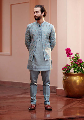 Jatin Malik-Grey Short Jacket With Kurta And Trouser-INDIASPOPUP.COM