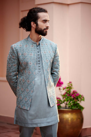 Jatin Malik-Grey Short Jacket With Kurta And Trouser-INDIASPOPUP.COM