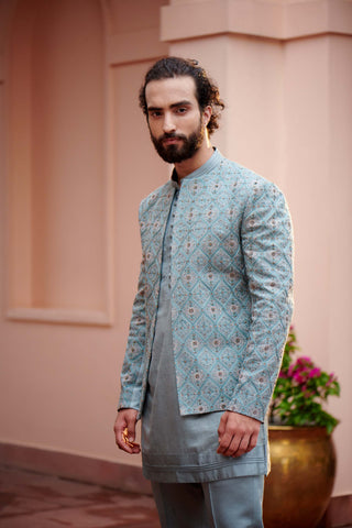 Jatin Malik-Grey Short Jacket With Kurta And Trouser-INDIASPOPUP.COM