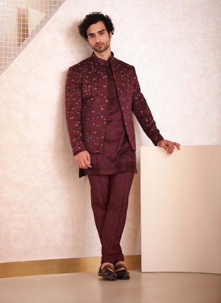 Jatin Malik-Wine Short Jacket With Kurta And Trouser-INDIASPOPUP.COM