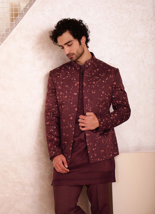 Jatin Malik-Wine Short Jacket With Kurta And Trouser-INDIASPOPUP.COM