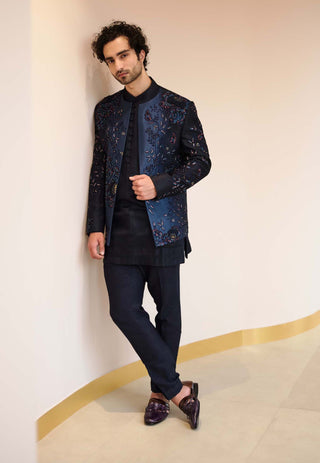 Jatin Malik-Midnight Blue Short Jacket With Kurta And Trouser-INDIASPOPUP.COM