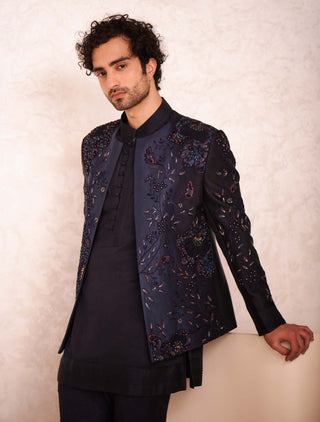 Jatin Malik-Midnight Blue Short Jacket With Kurta And Trouser-INDIASPOPUP.COM