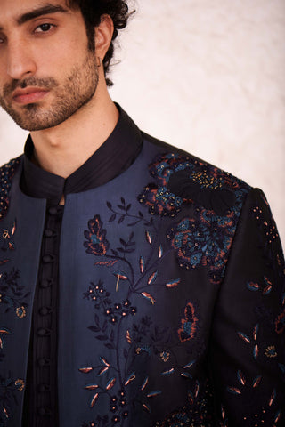 Jatin Malik-Midnight Blue Short Jacket With Kurta And Trouser-INDIASPOPUP.COM