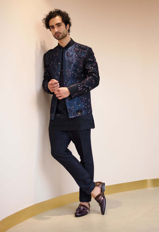 Jatin Malik-Midnight Blue Short Jacket With Kurta And Trouser-INDIASPOPUP.COM