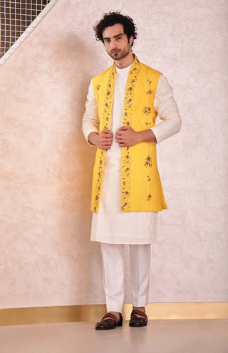 Jatin Malik-Yellow Short Jacket With Kurta And Trouser-INDIASPOPUP.COM