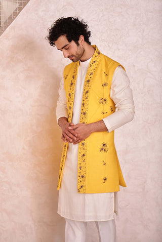 Jatin Malik-Yellow Short Jacket With Kurta And Trouser-INDIASPOPUP.COM