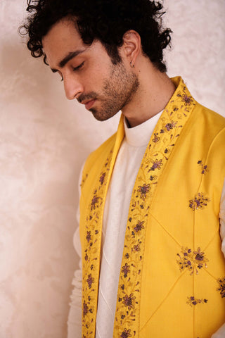 Jatin Malik-Yellow Short Jacket With Kurta And Trouser-INDIASPOPUP.COM