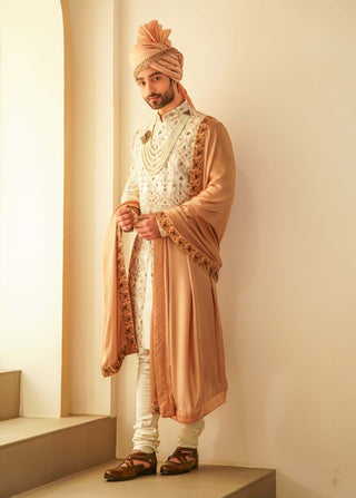 Jatin Malik-Ivory Ombre Jamawar Sherwani Set-INDIASPOPUP.COM