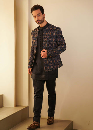 Jatin Malik-Midnight Blue Short Jacket With Kurta And Trouser-INDIASPOPUP.COM