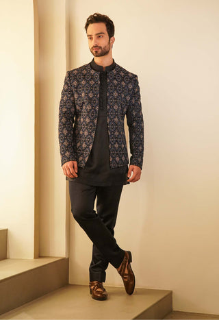 Jatin Malik-Midnight Blue Short Jacket With Kurta And Trouser-INDIASPOPUP.COM