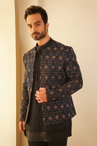 Jatin Malik-Midnight Blue Short Jacket With Kurta And Trouser-INDIASPOPUP.COM