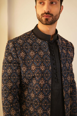 Jatin Malik-Midnight Blue Short Jacket With Kurta And Trouser-INDIASPOPUP.COM