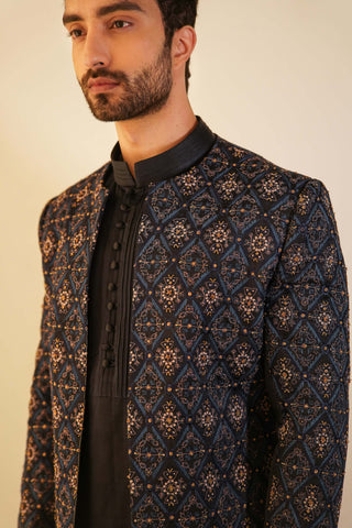 Jatin Malik-Midnight Blue Short Jacket With Kurta And Trouser-INDIASPOPUP.COM