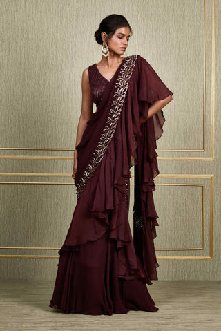 Charu & Vasundhara-Purple Chiffon Ruffled Saree-INDIASPOPUP.COM