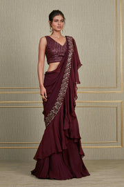 Charu & Vasundhara-Purple Chiffon Ruffled Saree-INDIASPOPUP.COM