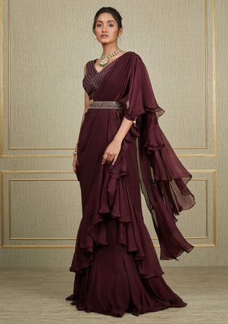 Charu & Vasundhara-Purple Chiffon Ruffled Saree With Belt-INDIASPOPUP.COM