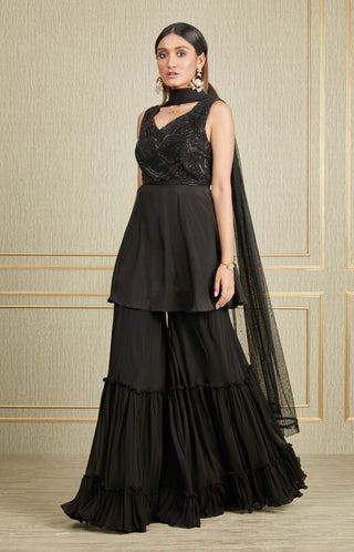 Charu & Vasundhara-Black Frock Style Kurta Set-INDIASPOPUP.COM