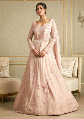 Charu & Vasundhara-Pink Embroidered Gown With Belt And Dupatta-INDIASPOPUP.COM