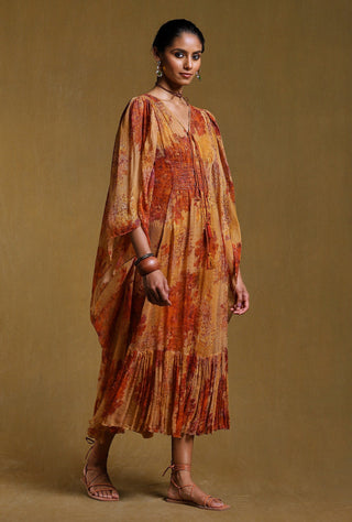 Ritu Kumar-Mustard Printed Kaftan Dress With Inner-INDIASPOPUP.COM