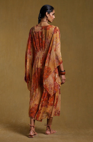 Ritu Kumar-Mustard Printed Kaftan Dress With Inner-INDIASPOPUP.COM