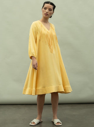Kanelle-Yellow Hessa Solid Dress-INDIASPOPUP.COM