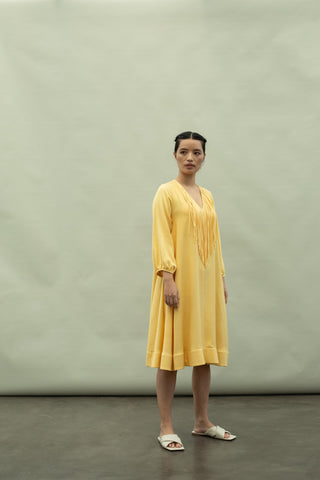 Kanelle-Yellow Hessa Solid Dress-INDIASPOPUP.COM