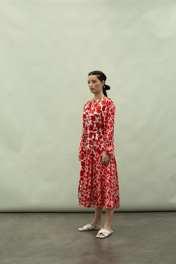 Kanelle-Red Tulip Print Dress-INDIASPOPUP.COM