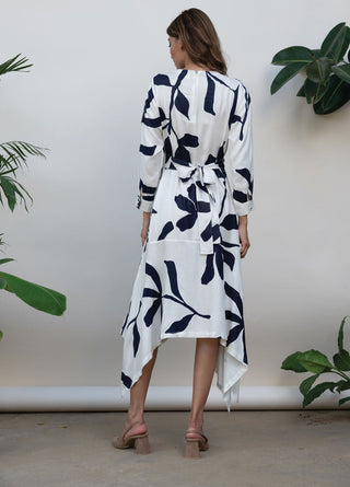 Kanelle-Ivory Floral Print Dress With Belt-INDIASPOPUP.COM