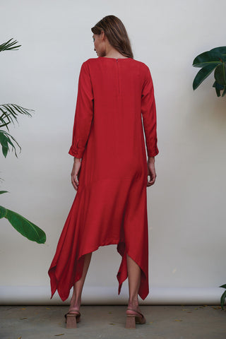 Kanelle-Red Solid Dress With Embroidered Belt-INDIASPOPUP.COM