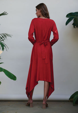 Kanelle-Red Solid Dress With Embroidered Belt-INDIASPOPUP.COM