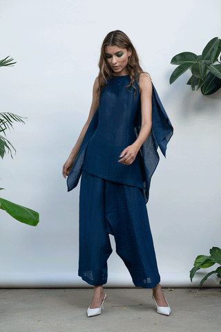 Kanelle-Navy Printed Asymmetrical Top With Trouser-INDIASPOPUP.COM