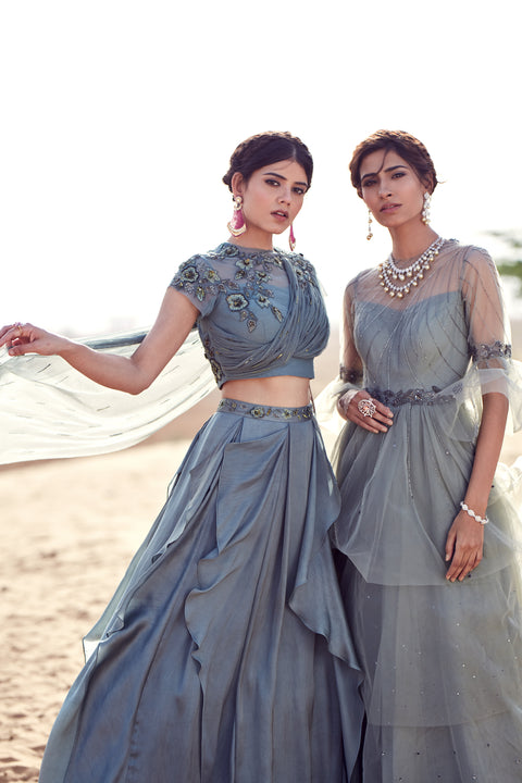 K-Anshika - Grey Net Layered Gown - INDIASPOPUP.COM
