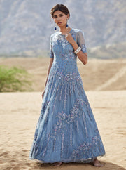 K-Anshika - Grey Floral Embroidered Gown - INDIASPOPUP.COM