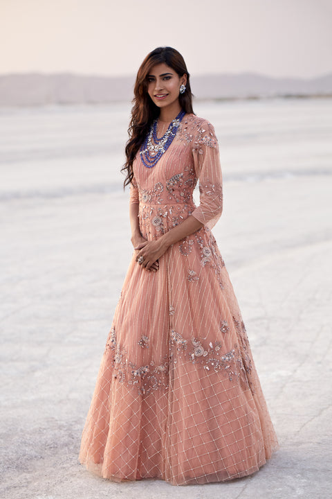 K-Anshika - Peach Embellished Asymmetrical Gown - INDIASPOPUP.COM