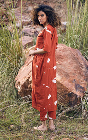 Kharakapas-Red Yoke Tunic Dress With Trouser-INDIASPOPUP.COM