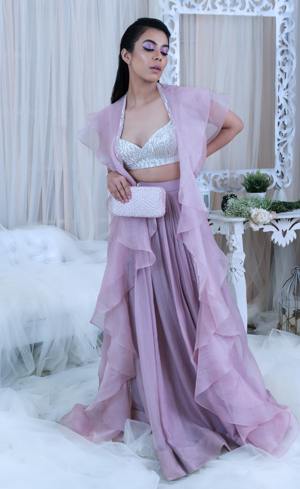 Varun Chakkilam-Onion Pink Bustier With Skirt & Ruffle Jacket-INDIASPOPUP.COM