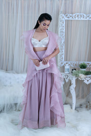 Varun Chakkilam-Onion Pink Bustier With Skirt & Ruffle Jacket-INDIASPOPUP.COM