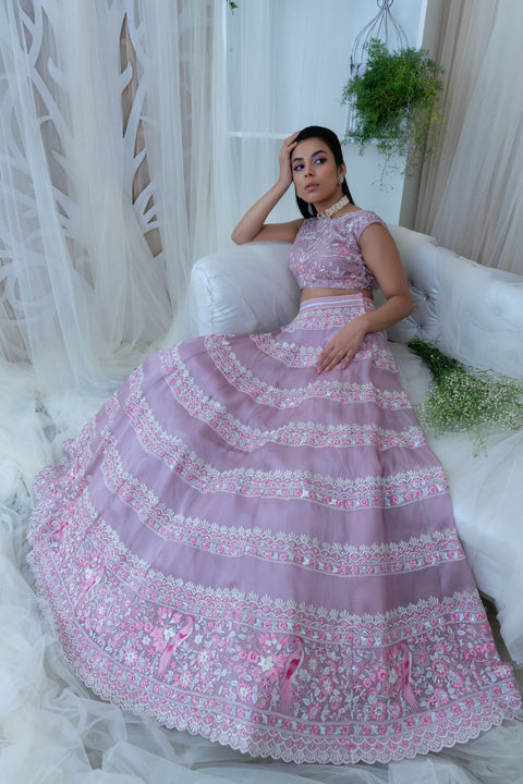 Varun Chakkilam-Lilac Floral Lehanga With Blouse & Duppata-INDIASPOPUP.COM