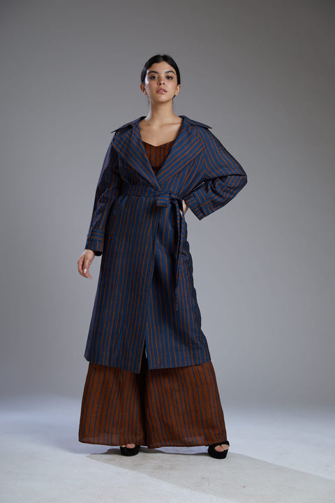 Koai-Blue & Brown Mugga Silk Stripe Coat-INDIASPOPUP.COM