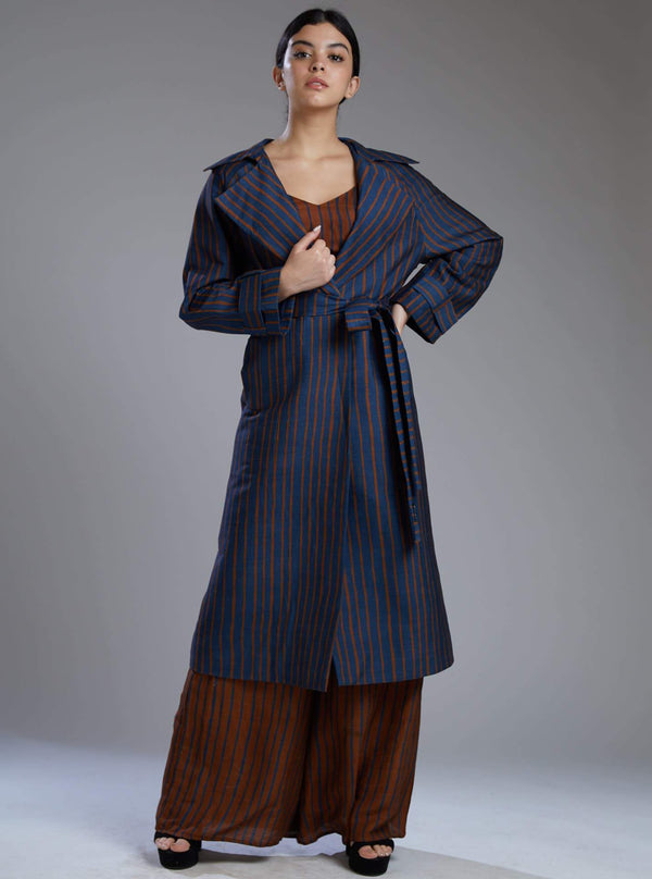 Koai-Blue & Brown Mugga Silk Stripe Coat-INDIASPOPUP.COM