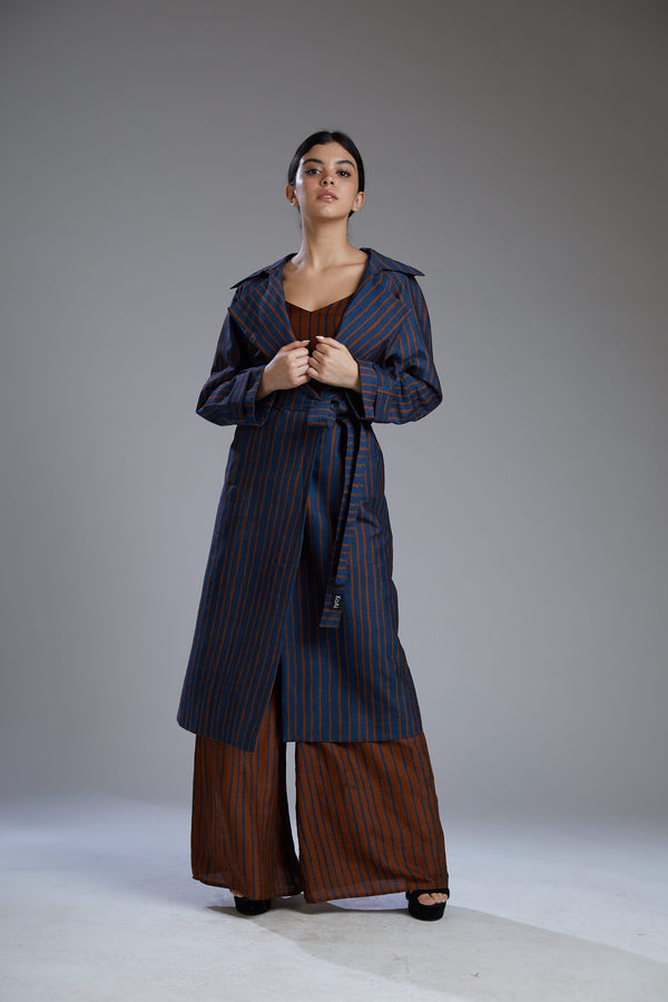 Koai-Blue & Brown Mugga Silk Stripe Coat-INDIASPOPUP.COM