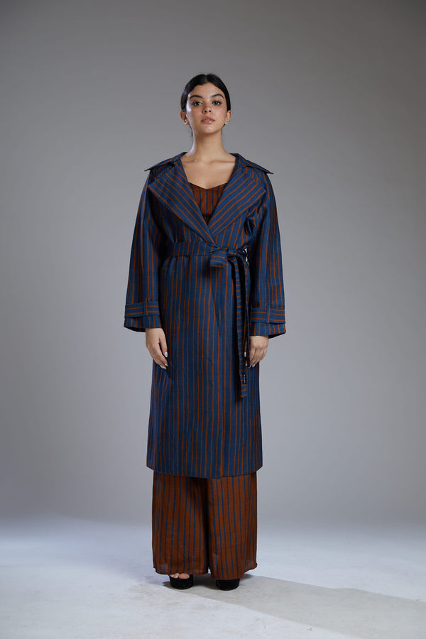 Koai-Blue & Brown Mugga Silk Stripe Coat-INDIASPOPUP.COM