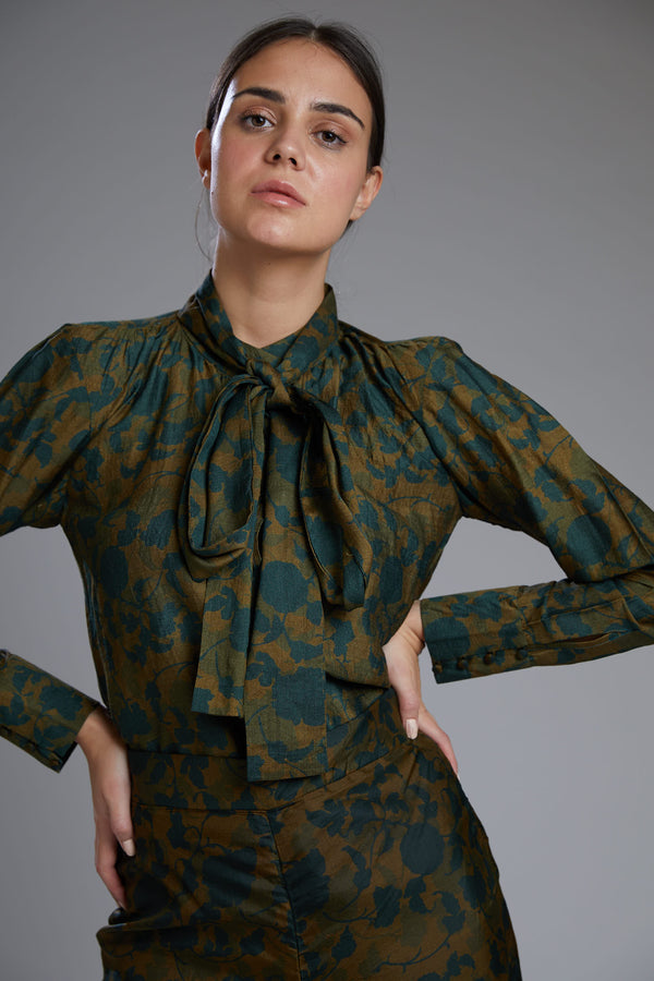 Koai-Green Floral Wrap Bow Tie Shirt-INDIASPOPUP.COM