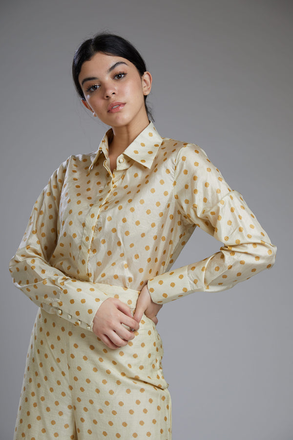 Koai-White Shirt With Mustard Polka Dot-INDIASPOPUP.COM