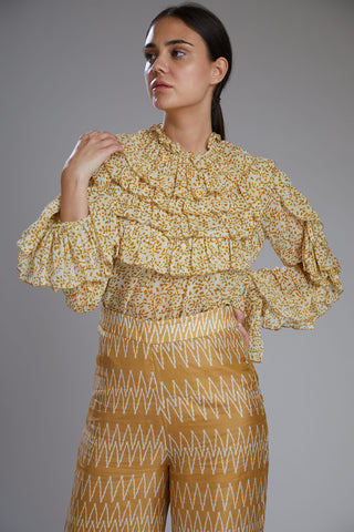 Koai-Yellow & Cream Floral Frill Top-INDIASPOPUP.COM