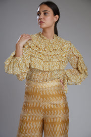 Koai-Yellow & Cream Floral Frill Top-INDIASPOPUP.COM